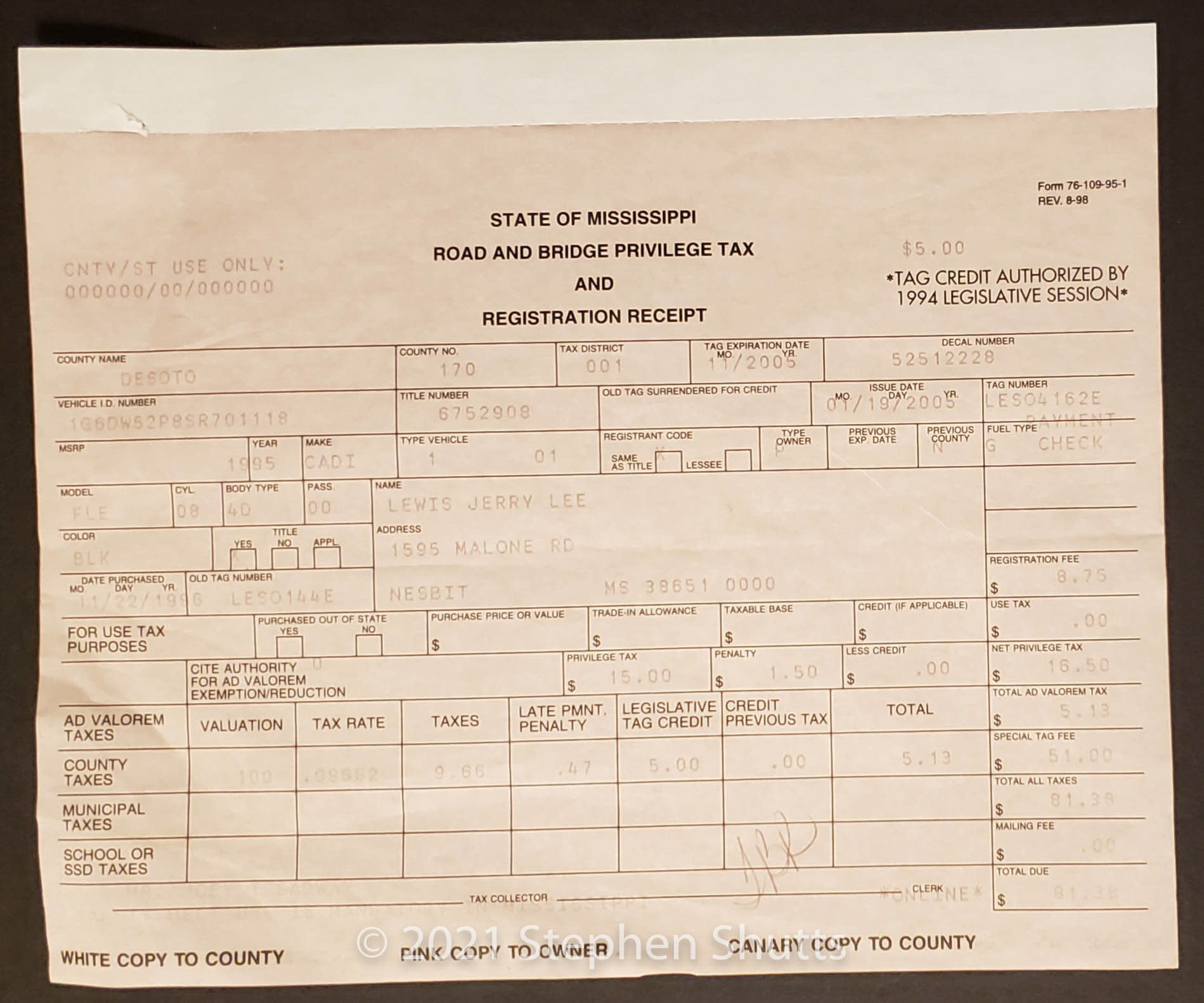 SOLD - Mississippi Road Tax Receipt
