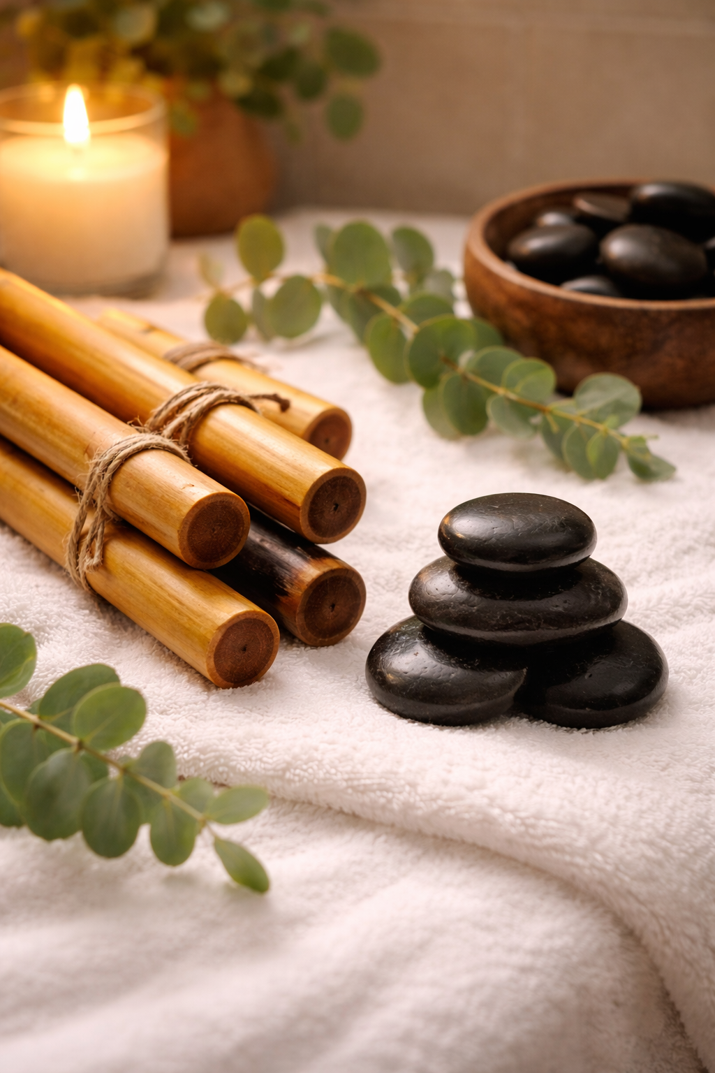 Heated bamboo dowels and round black basalt stones used for heated massage on the back.