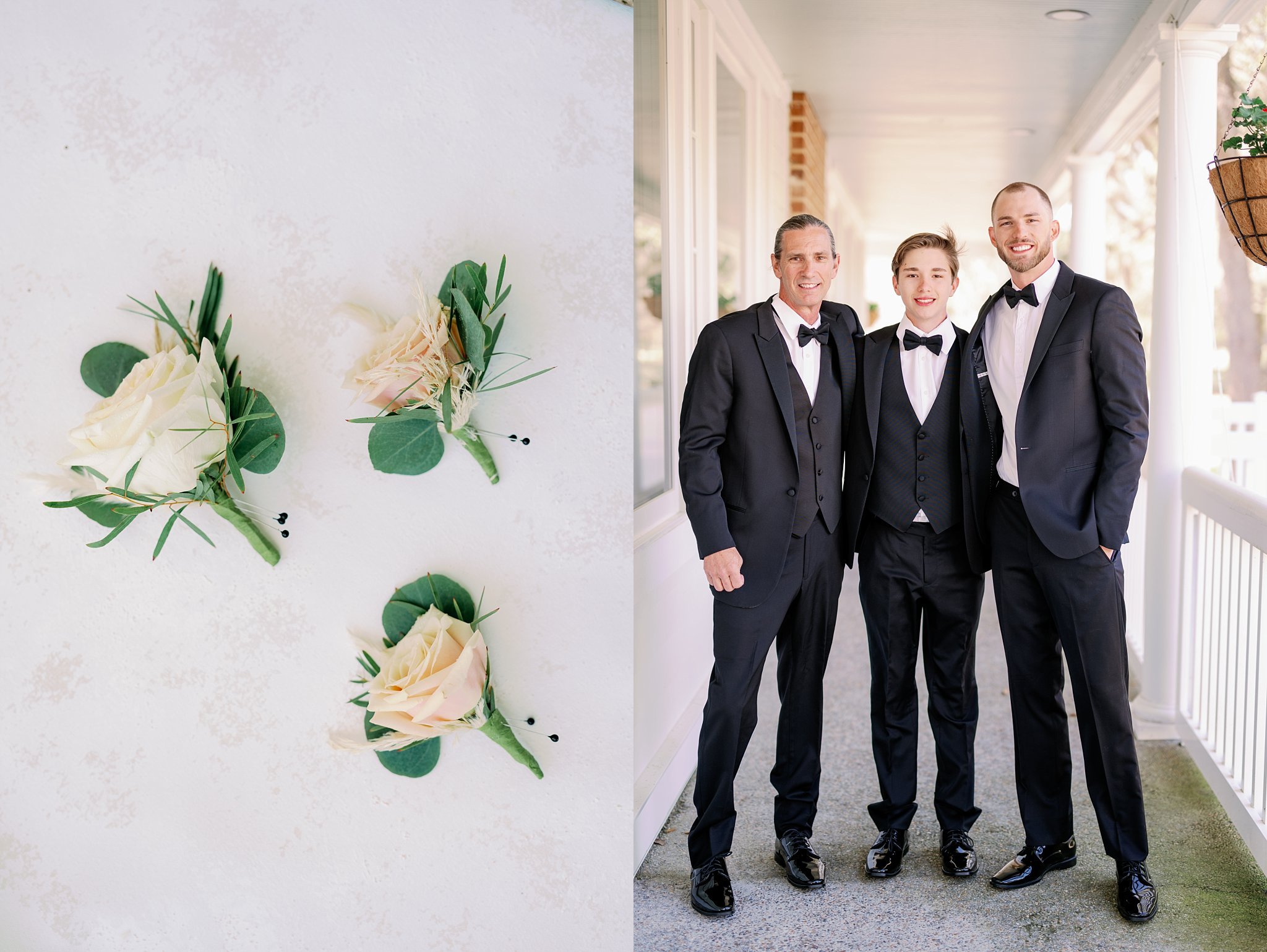 groom and groomsmen at Beaufort wedding in black tuxedos formal southern wedding