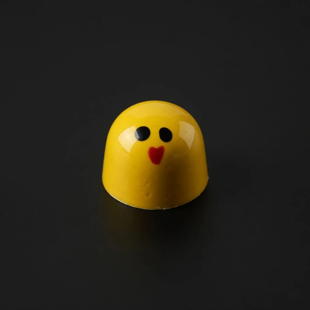 A glossy bright yellow chocolate bonbon decorated as a cute chick face with black eyes and red heart beak, sharply in focus and well lit, resting on a solid matte black background with realistic contact shadow.