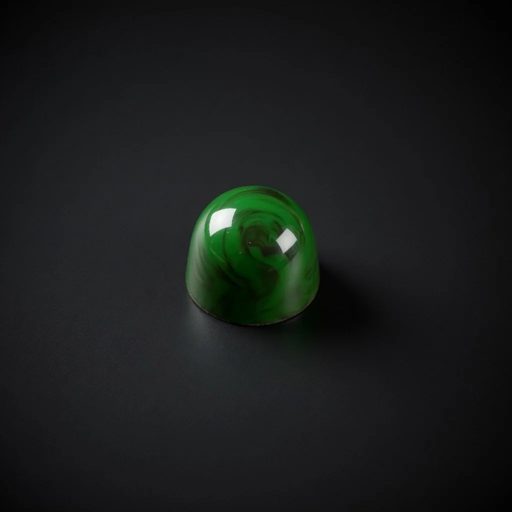A glossy deep green marbled chocolate bonbon with swirling patterns, sharply in focus and well lit, resting on a solid matte black background with realistic contact shadow.