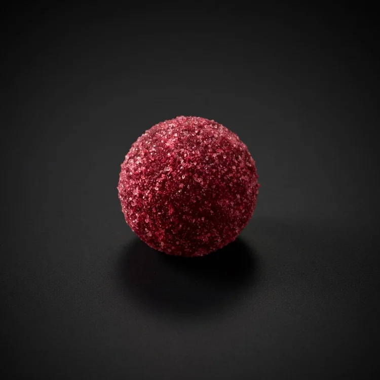 A Raspberry Rosemary Kinetic Bomb: a round chocolate sphere coated in crushed deep-red raspberry, resting on a solid matte black background.