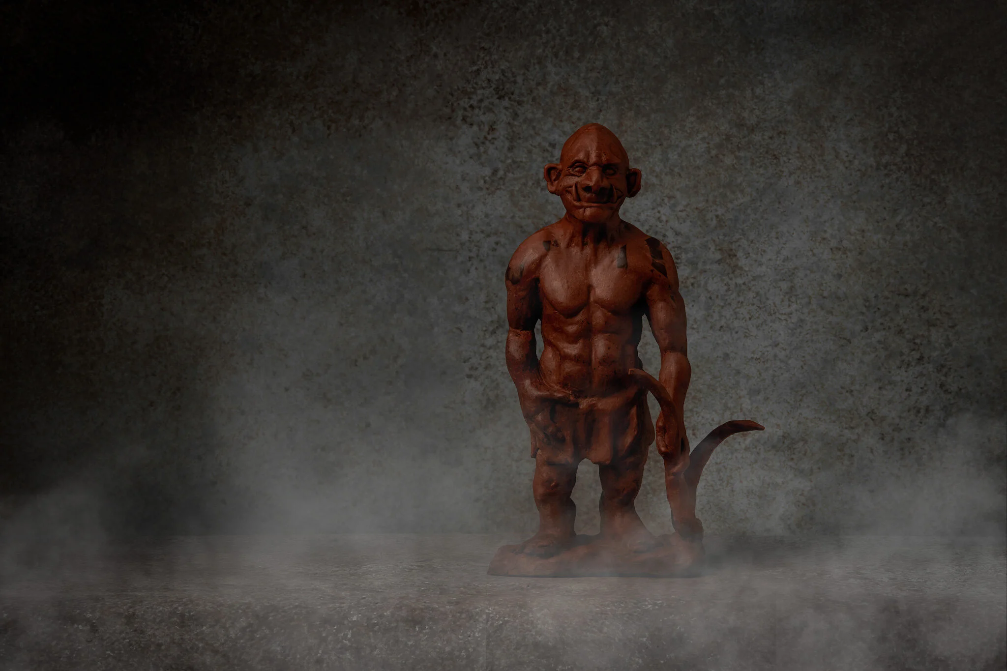 A small figurine of a humanoid creature with exaggerated facial features and a tail, standing on a flat surface against a dark, textured background.