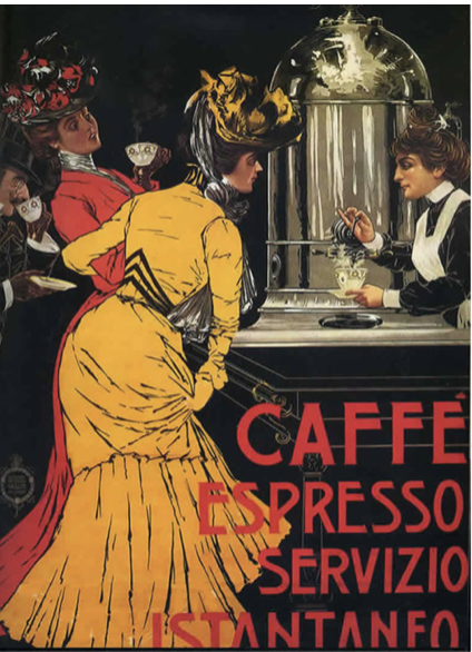 Vintage advertisement featuring women ordering coffee at a counter, with the text 'Caffè Espresso Servizio Istantaneo' in bold red letters.
