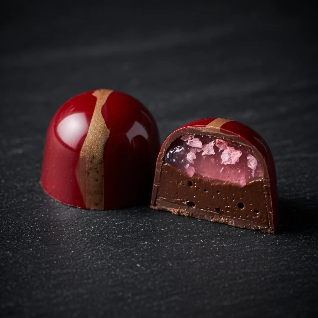 A round, glossy, dark red chocolate confection with a gold stripe, cut in half to reveal a pink and chocolate layered interior with textured pink toppings, on a dark surface.