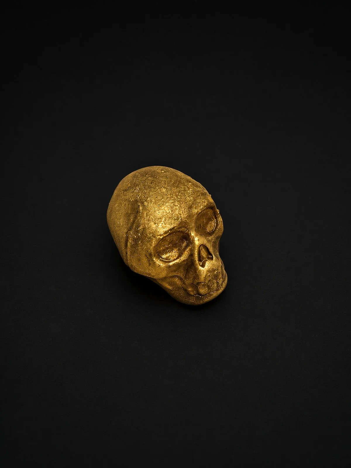 A gold chocolate bonbon molded in the shape of a skull, its surface finely textured, sharply in focus and well lit, resting on a solid matte black background.