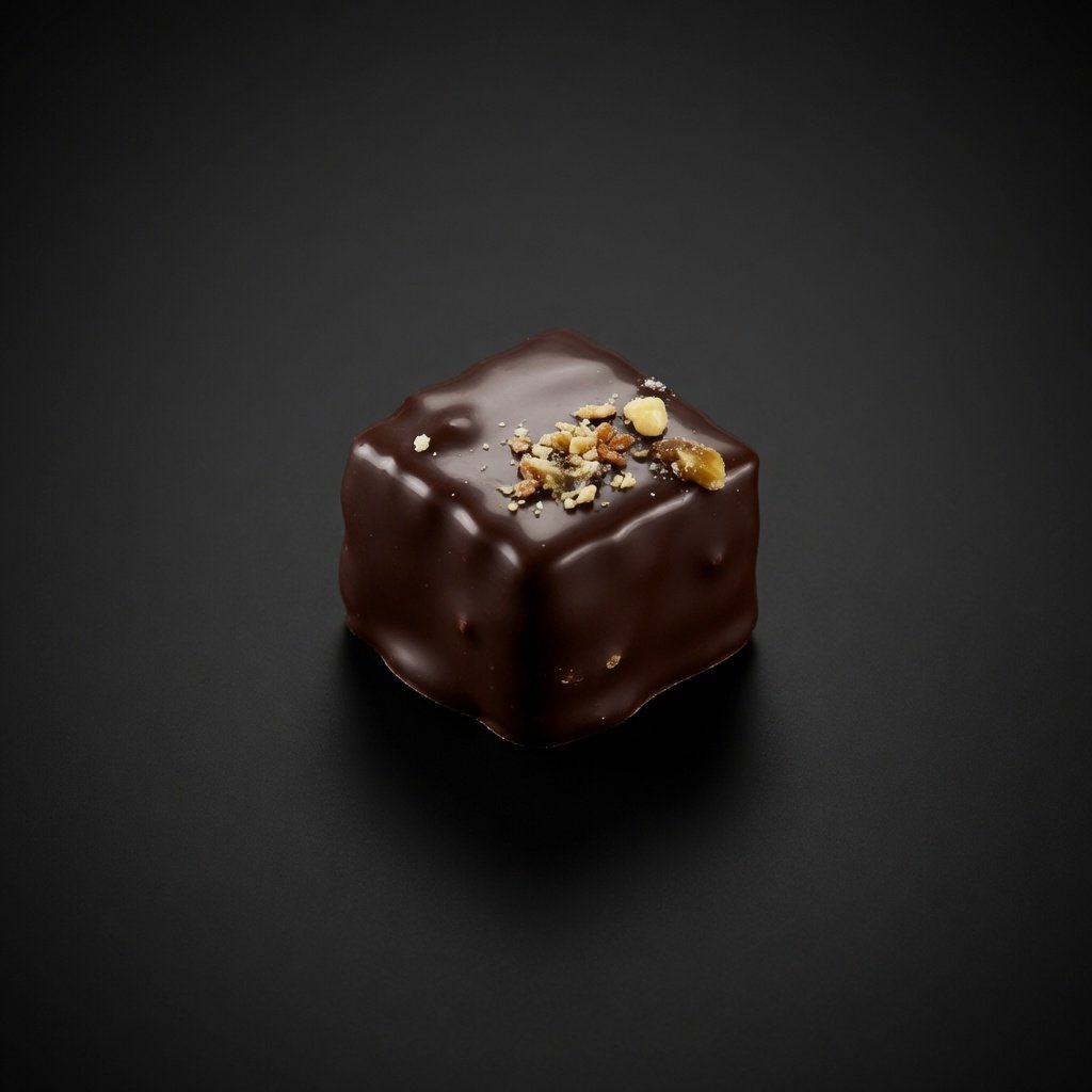 A dark chocolate square bonbon topped with chopped pistachios, sharply in focus and well lit, resting on a solid matte black background with realistic contact shadow.
