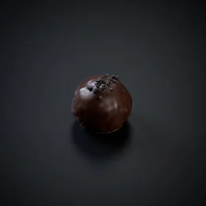 A glossy dark chocolate bonbon topped with crunchy black licorice bits