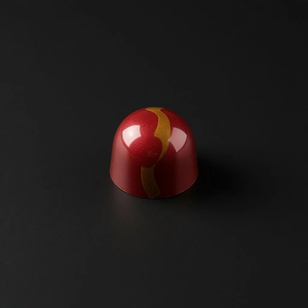A glossy vibrant red chocolate bonbon with a bold gold-brown marbled swirl, sharply in focus and well lit, resting on a solid matte black background with realistic contact shadow.