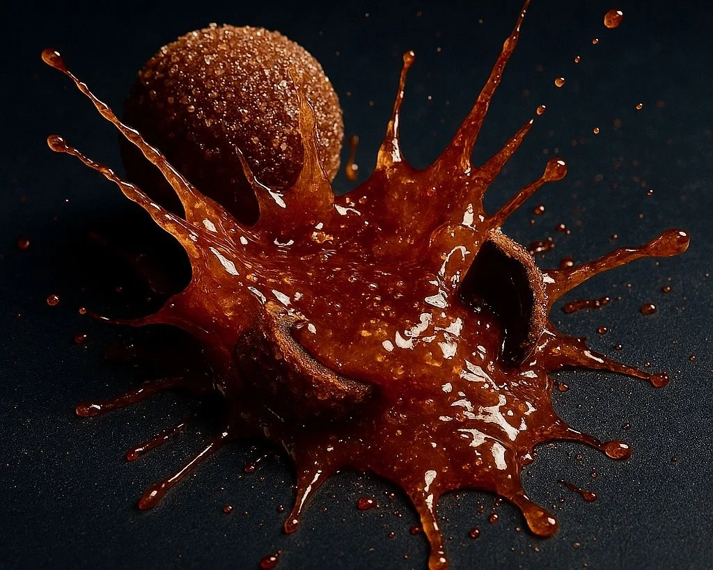 A chocolate sphere exploding with a raspberry caramel filling.