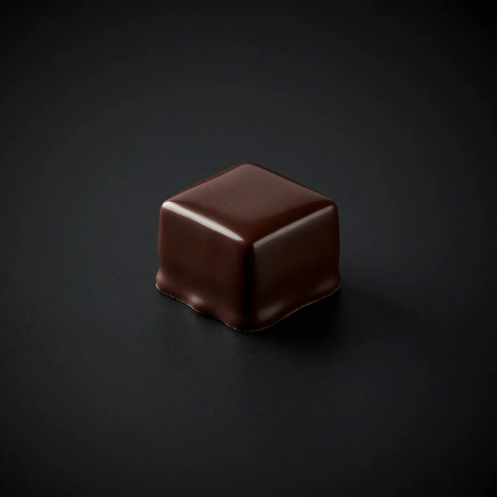 A smooth dark chocolate square bonbon with subtle surface sheen, sharply in focus and well lit, resting on a solid matte black background with realistic contact shadow.