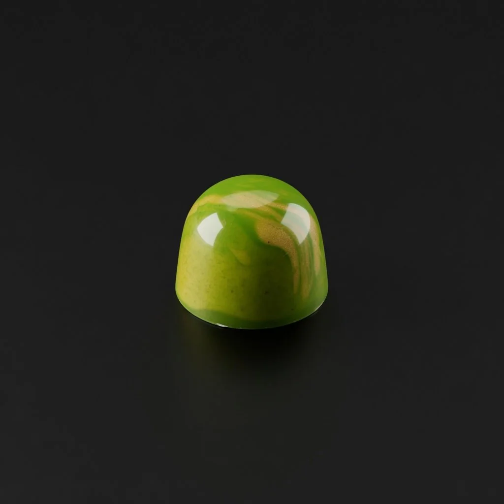 A glossy green-and-yellow marbled chocolate bonbon with smooth swirls, sharply in focus and well lit, resting on a solid matte black background with realistic contact shadow.