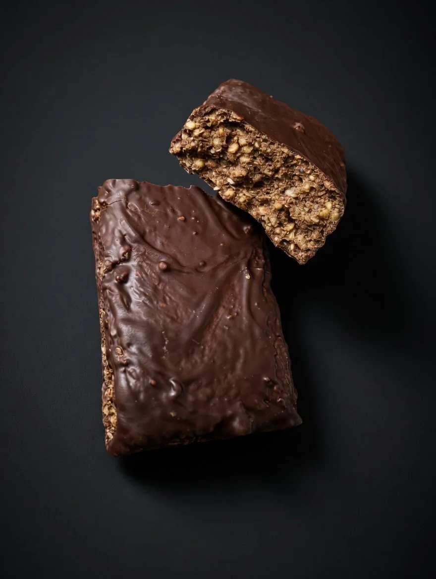 Chocolate-covered protein bar with visible quinoa, one bar broken in half showing inside texture.
