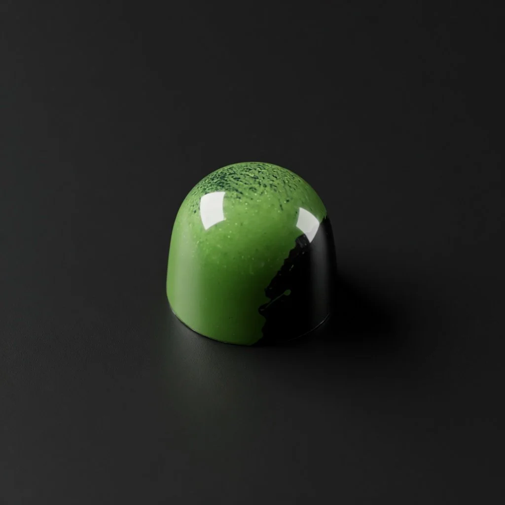 A glossy bright green chocolate bonbon with dramatic black drip detail, sharply in focus and well lit, resting on a solid matte black background with realistic contact shadow.