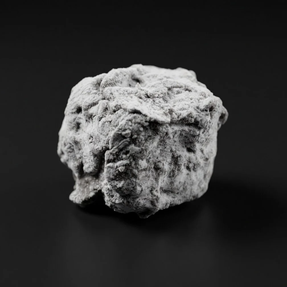 A matte chocolate bonbon heavily dusted with powdered sugar giving a rough, floury texture, sharply in focus and well lit, resting on a solid matte black background with realistic contact shadow.