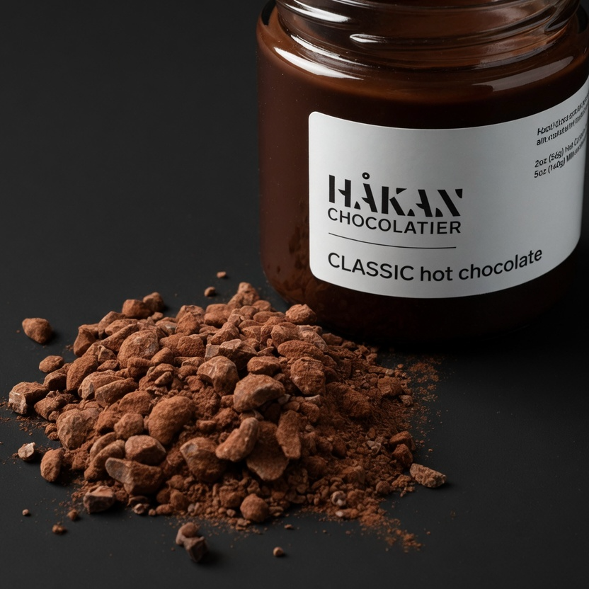 A jar of HÅKAN Chocolatier classic hot chocolate with some hot chocolate powder spilled in front of it on a black surface.