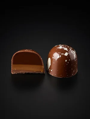 A glossy milk-chocolate bonbon with white speckles, sharply in focus a