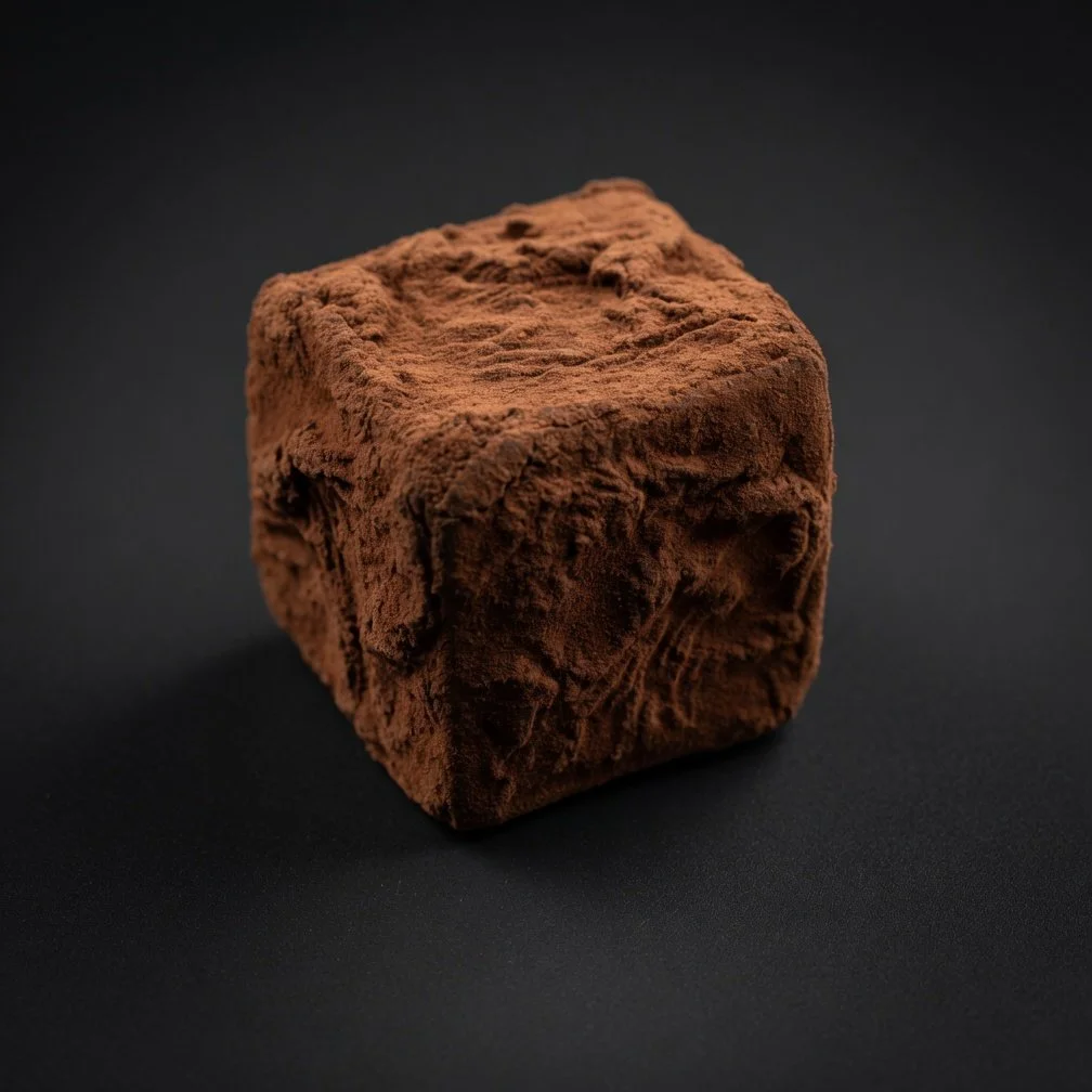 A matte dark chocolate cube bonbon dusted with fine cocoa powder, sharply in focus and well lit, resting on a solid matte black background with realistic contact shadow.