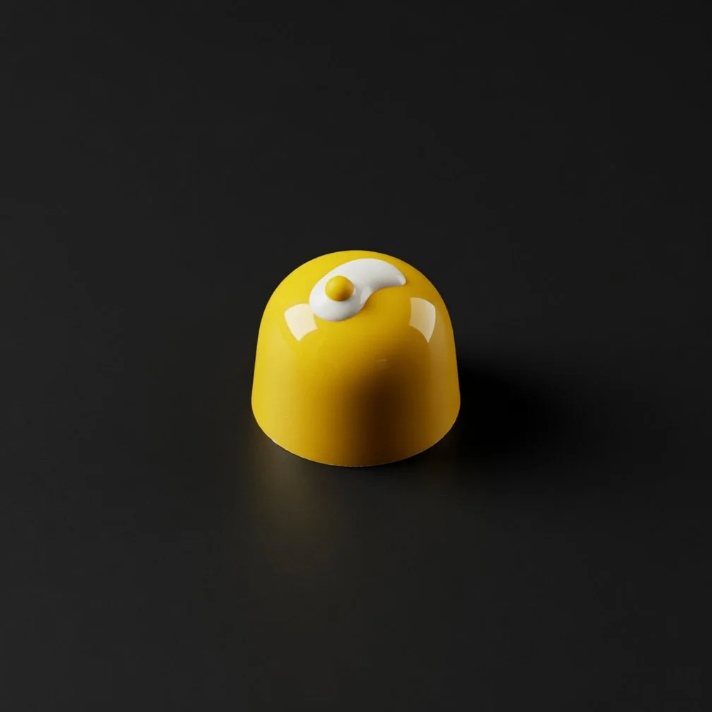 A glossy bright yellow chocolate bonbon topped with a white yin-yang swirl and tiny yellow dot, sharply in focus and well lit, resting on a solid matte black background with realistic contact shadow.