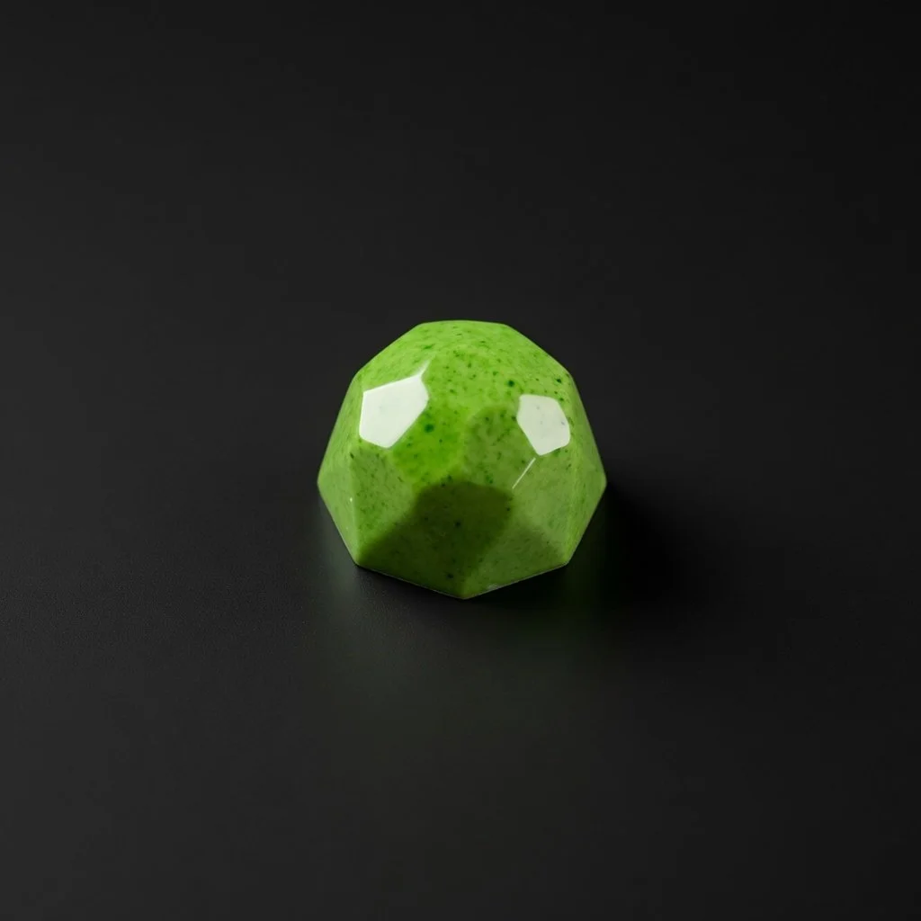 A glossy bright green faceted chocolate bonbon with speckled texture, sharply in focus and well lit, resting on a solid matte black background with realistic contact shadow.