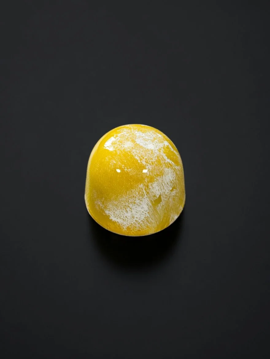 A glossy bright yellow chocolate bonbon with subtle white marbling — apple pâte de fruit layered on chamomile-infused ganache in a white chocolate shell — sharply in focus and well lit, resting on a solid matte black background with realistic contact
