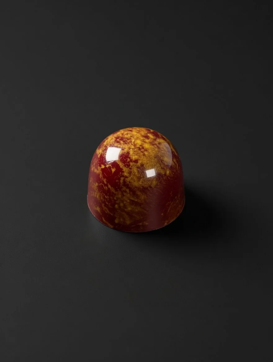 A glossy deep red-and-gold marbled chocolate bonbon — orchid extraction on top of smooth lychee ganache in a milk chocolate shell — sharply in focus and well lit, resting on a solid matte black background with realistic contact shadow.