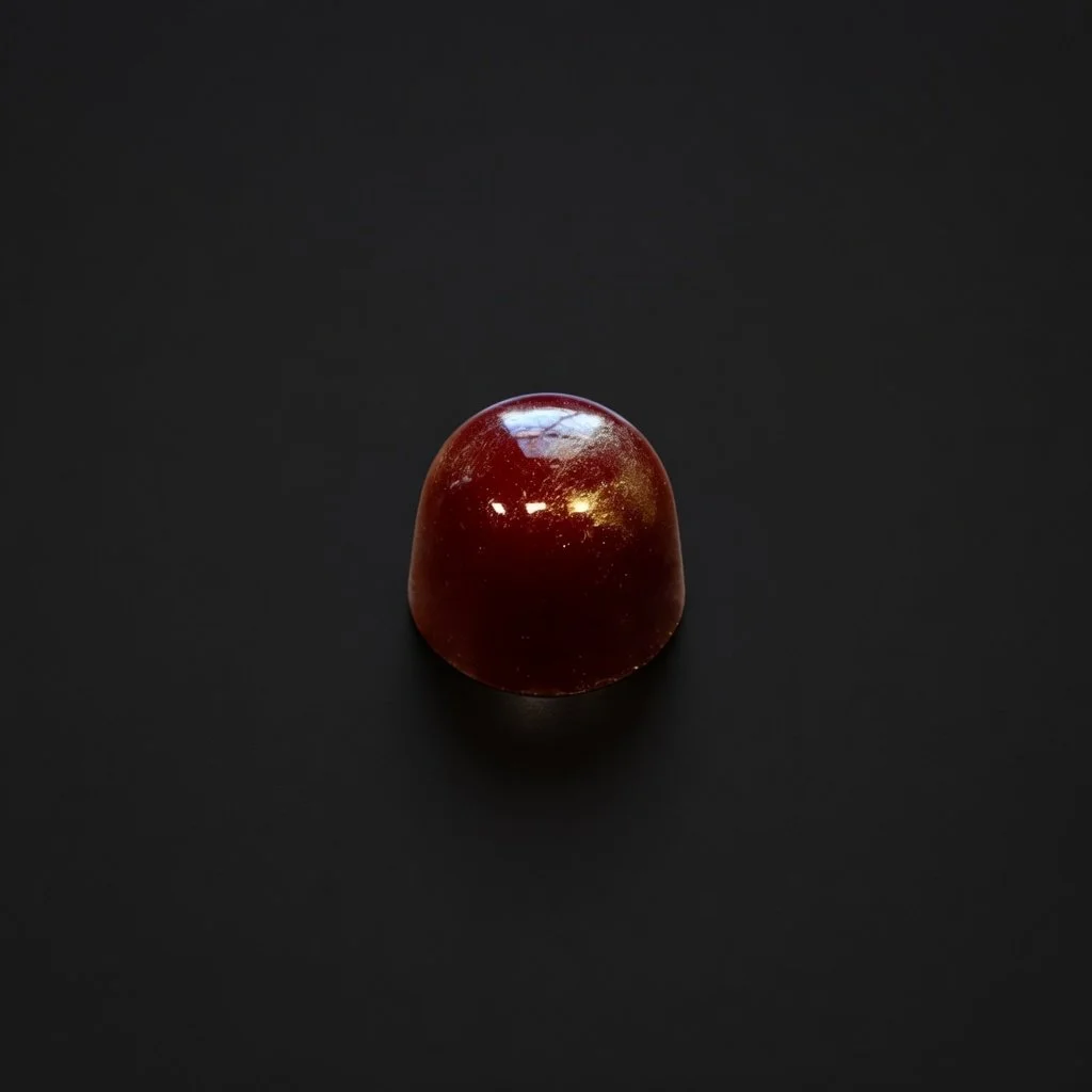 A glossy deep red chocolate bonbon with rich sheen, sharply in focus and well lit, resting on a solid matte black background with realistic contact shadow.