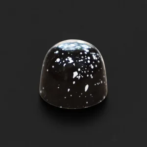 A glossy black chocolate bonbon with white speckles, sharply in focus 