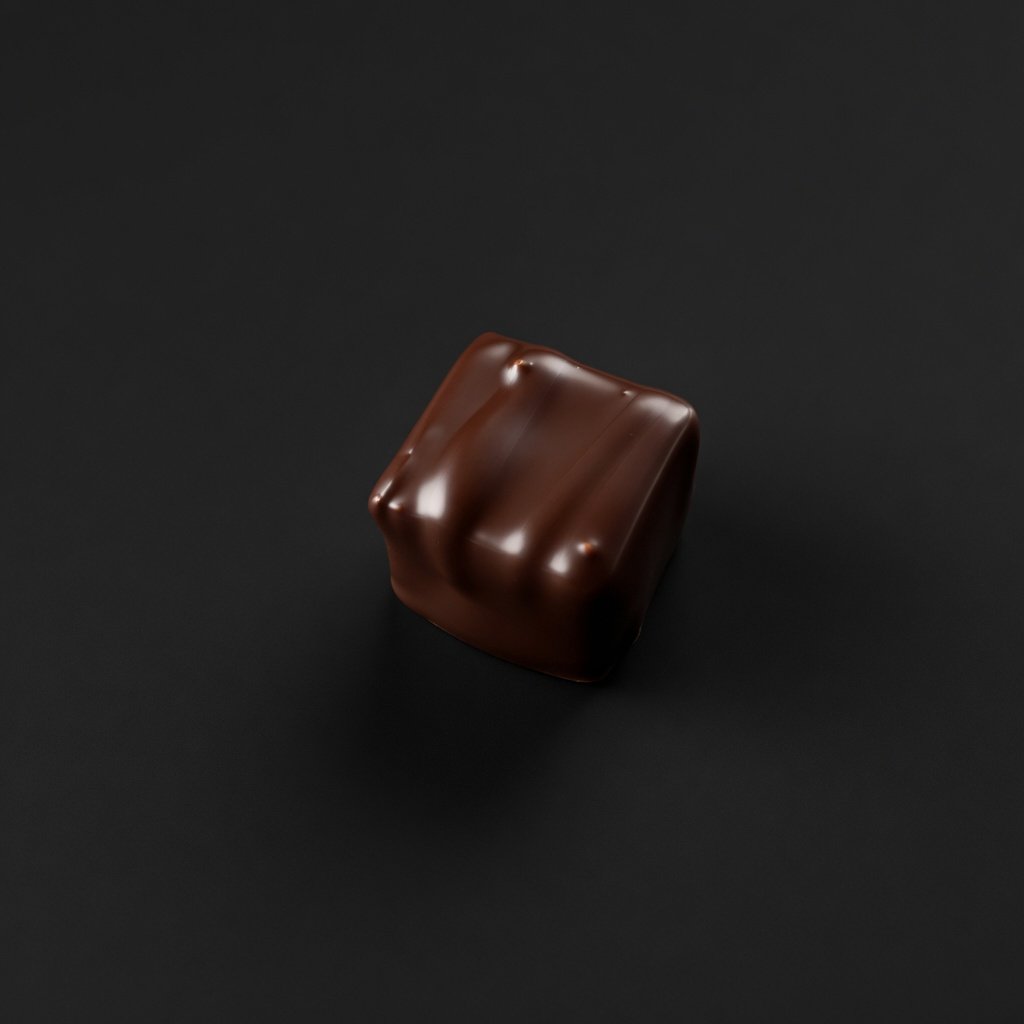 A smooth dark chocolate square bonbon, sharply in focus and well lit, resting on a solid matte black background with realistic contact shadow.