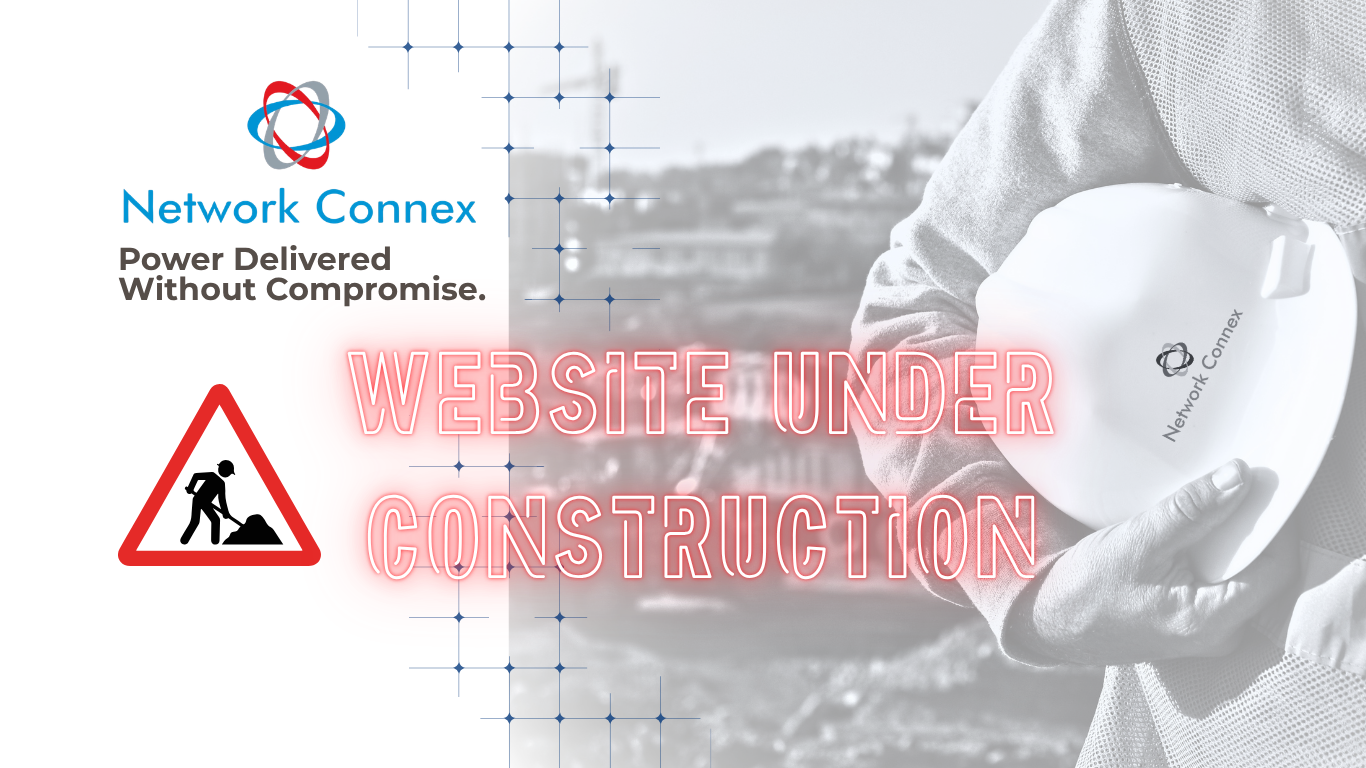 Digital illustration of a construction worker holding a white hard hat with the text 'Website Under Construction' in red neon style, company's logo and slogan 'Power Delivered Without Compromise.'