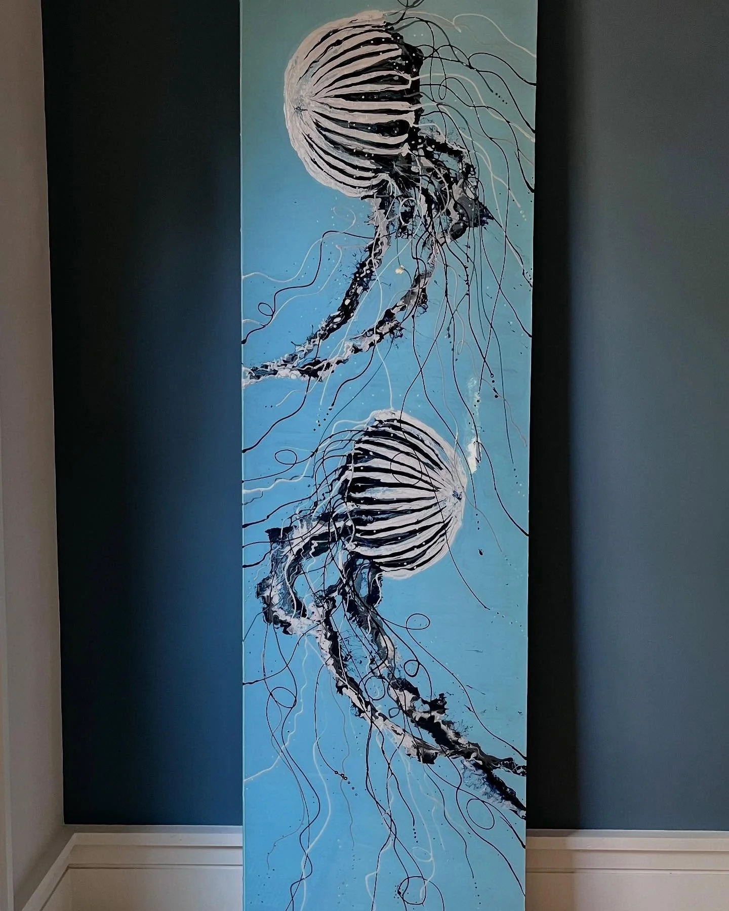 Happy Friday! This large commission is going out the door today! The Jellyfish is a stunning 24 x 88&ldquo;  fluid Acrylic on wood panel. The Koi fish is a sizable 48&rdquo; x 60&rdquo; fluid Acrylic on wood panel, and the wave is a set of two panels