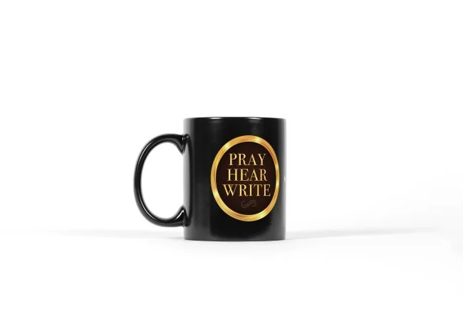Pray Hear Write Mug - He Speaks I Write