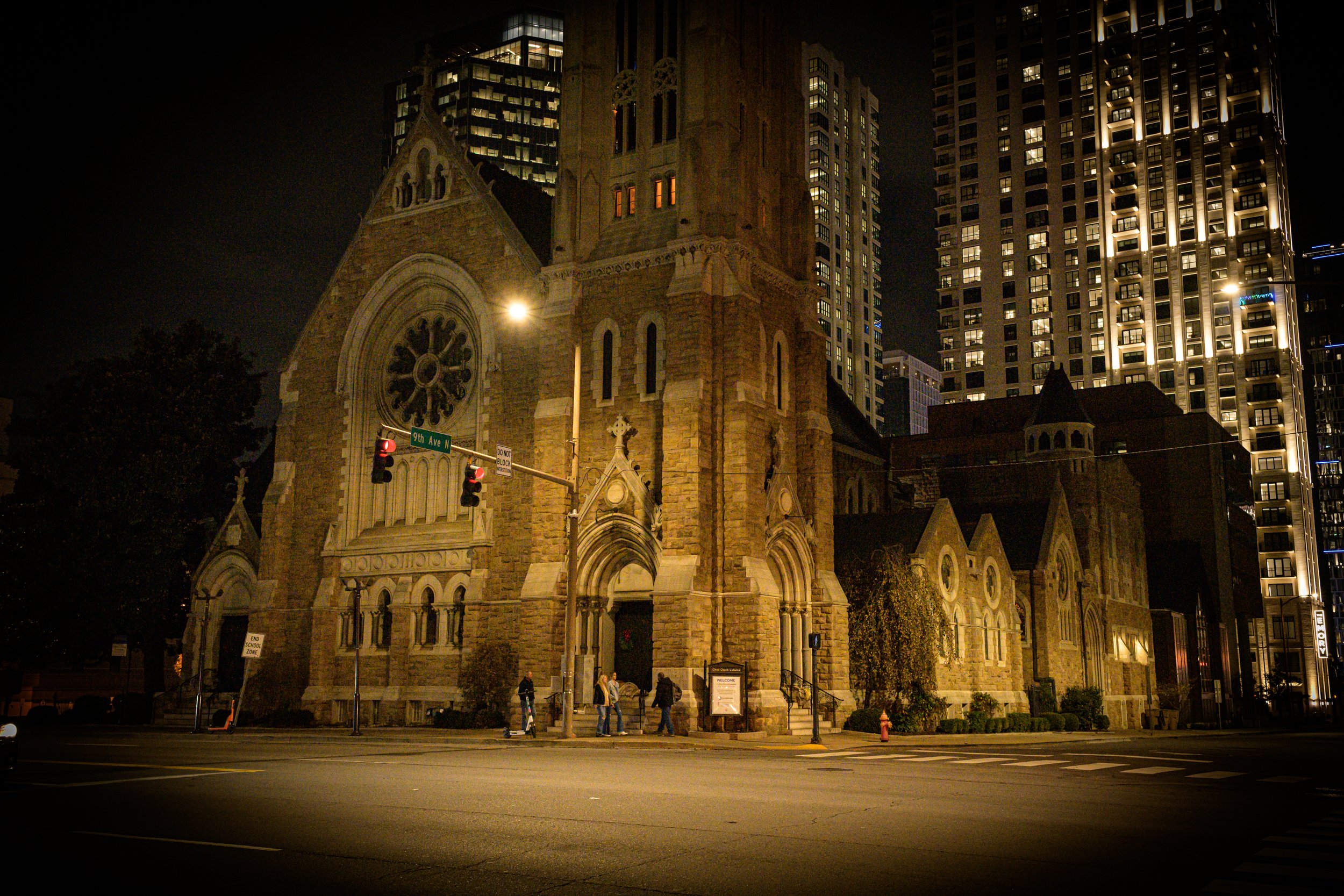  Christ’s Church Cathedral along upper Broadway in Nashville, Tennessee offers the sanctuary of its concrete steps for those needing a place to sleep, in each of the entrances to the church. 