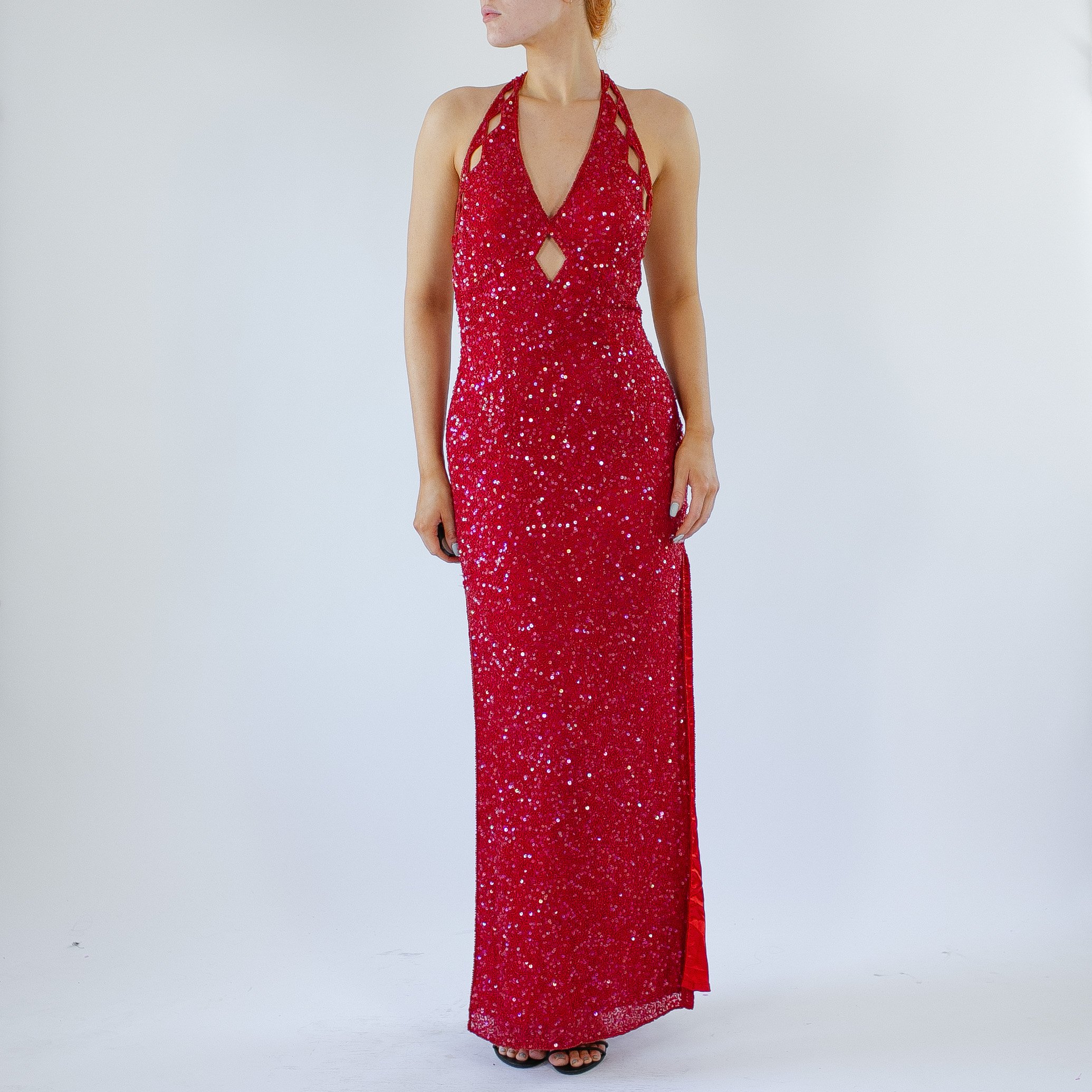 Vintage 90s Red Beaded Sequin Prom Dress  - S/M