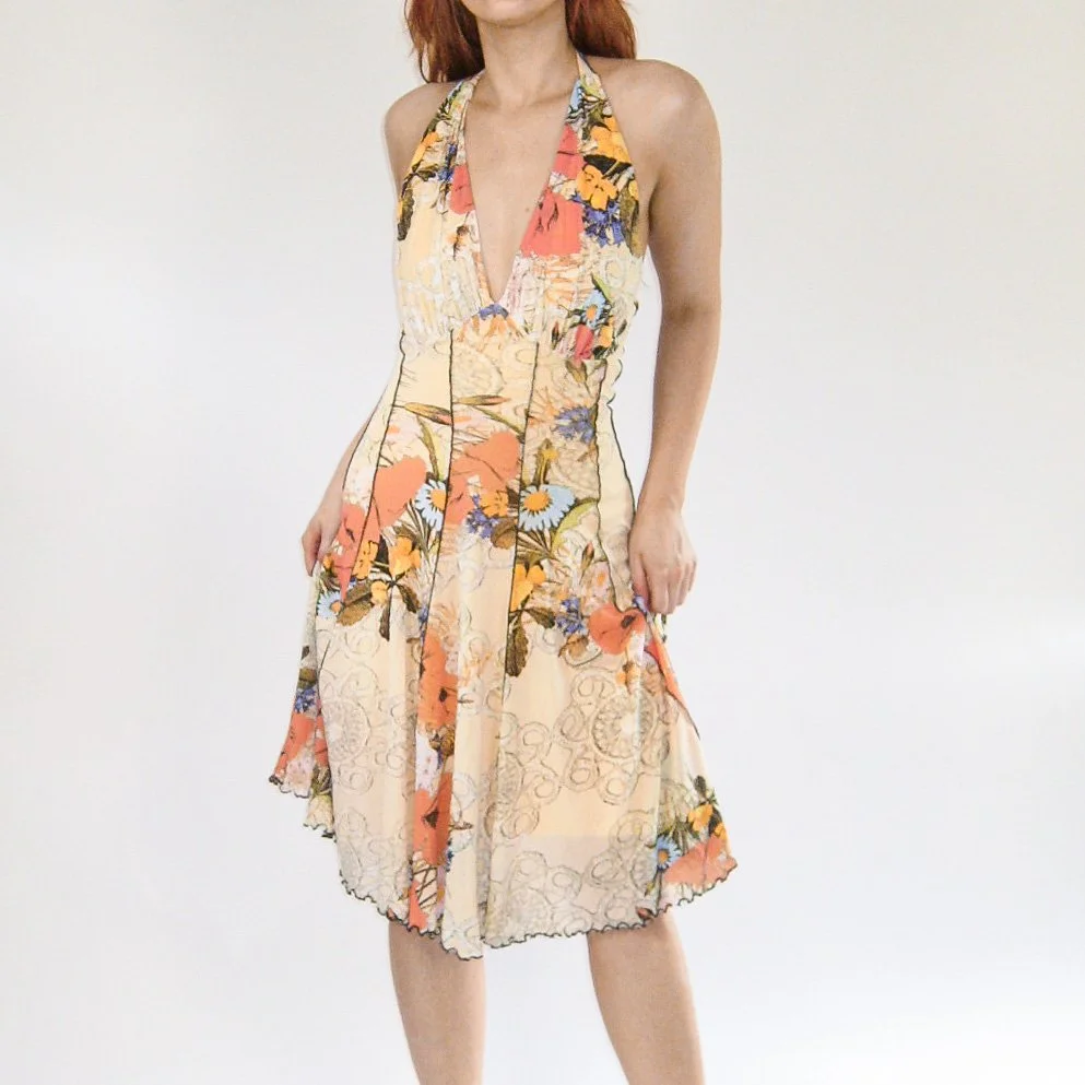 Y2K Mesh Floral Halter Dress - XS/S