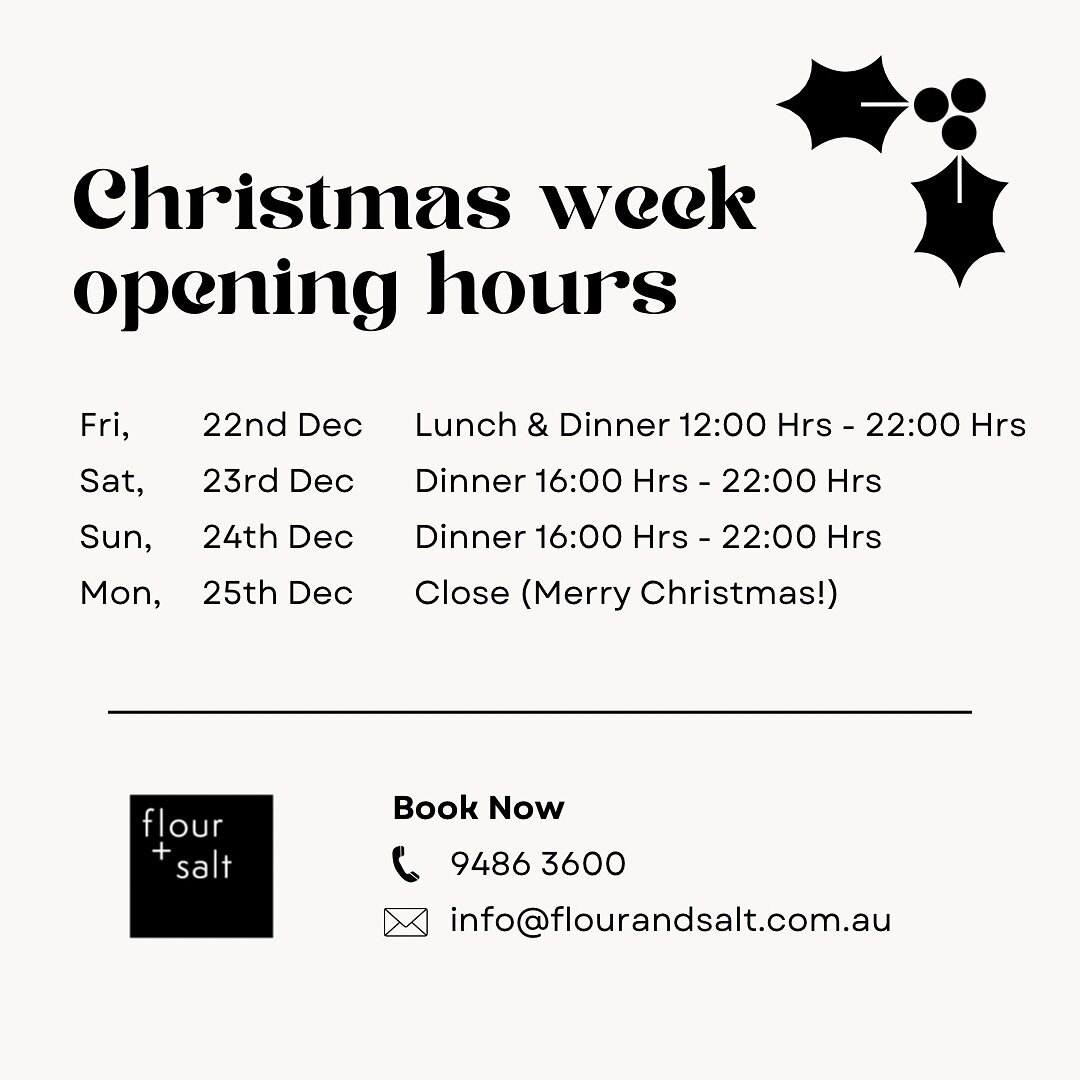 We are open for Lunch on Friday! 

Limited spots also available on Saturday, Dec 23rd and Christmas Eve, Dec 24th. 

Please contact ☎️ 0394863600 for reservation. 

Buon Natale 🎄🎅🏻