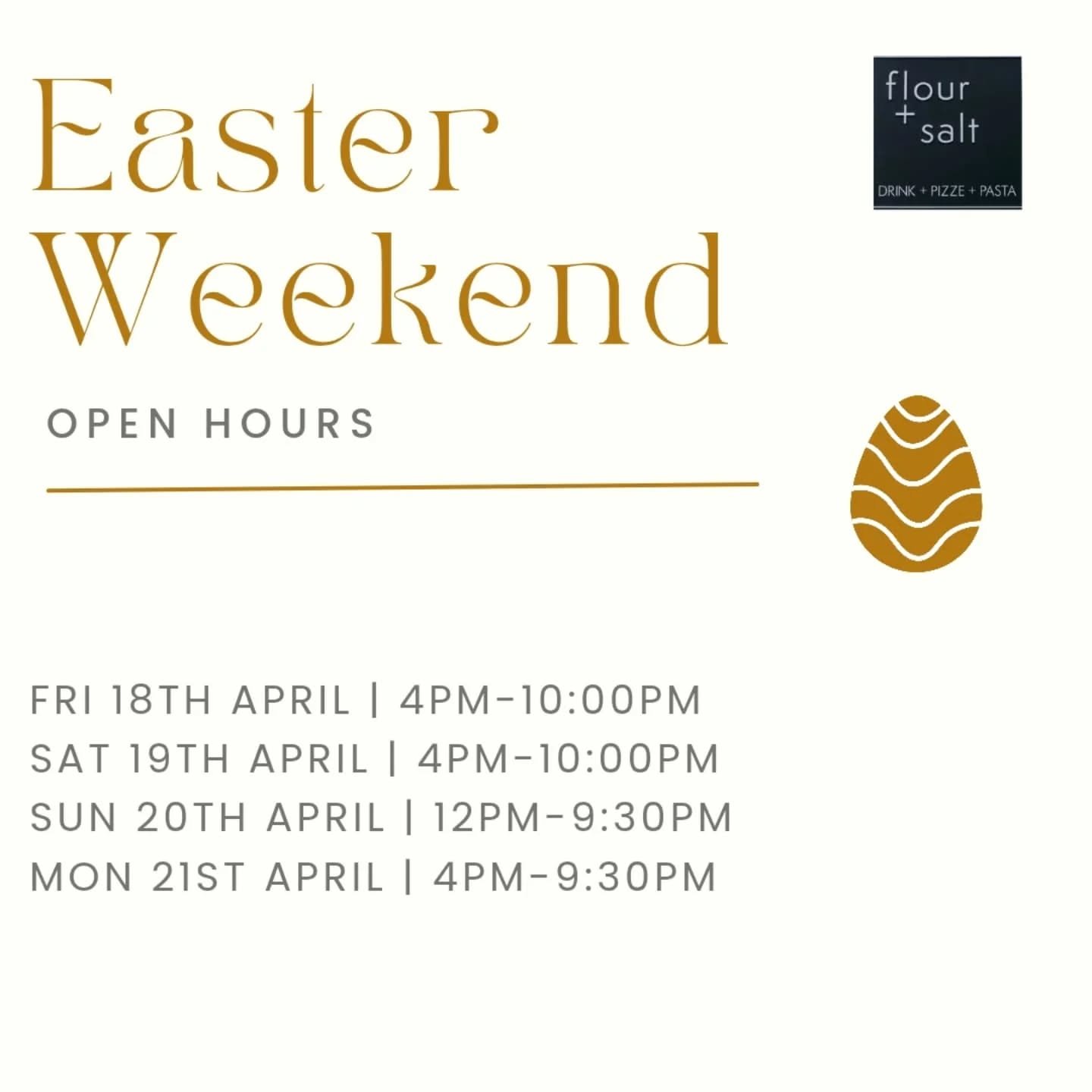 We are open all Easter weekend including Easter Sunday lunch 🐰
Reserve your spot today as tables are limited.

For bookings:
☎️ 0394863600
💻 info@floursndsalt.com.au 

🍝 Selected pastas $20
🍕 Gourmet pizzas $20
🍽️ Selected Main meal (Secondi) $2