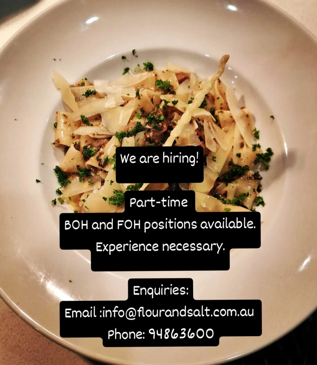 We are expanding our team and looking for experienced Front and Back of house staff,
Part-time positions available for both.

Give us a call or send an email with some information about yourself!

☎️ 94863600
💻 info@flourandsalt.com.au 

#floursalt 
