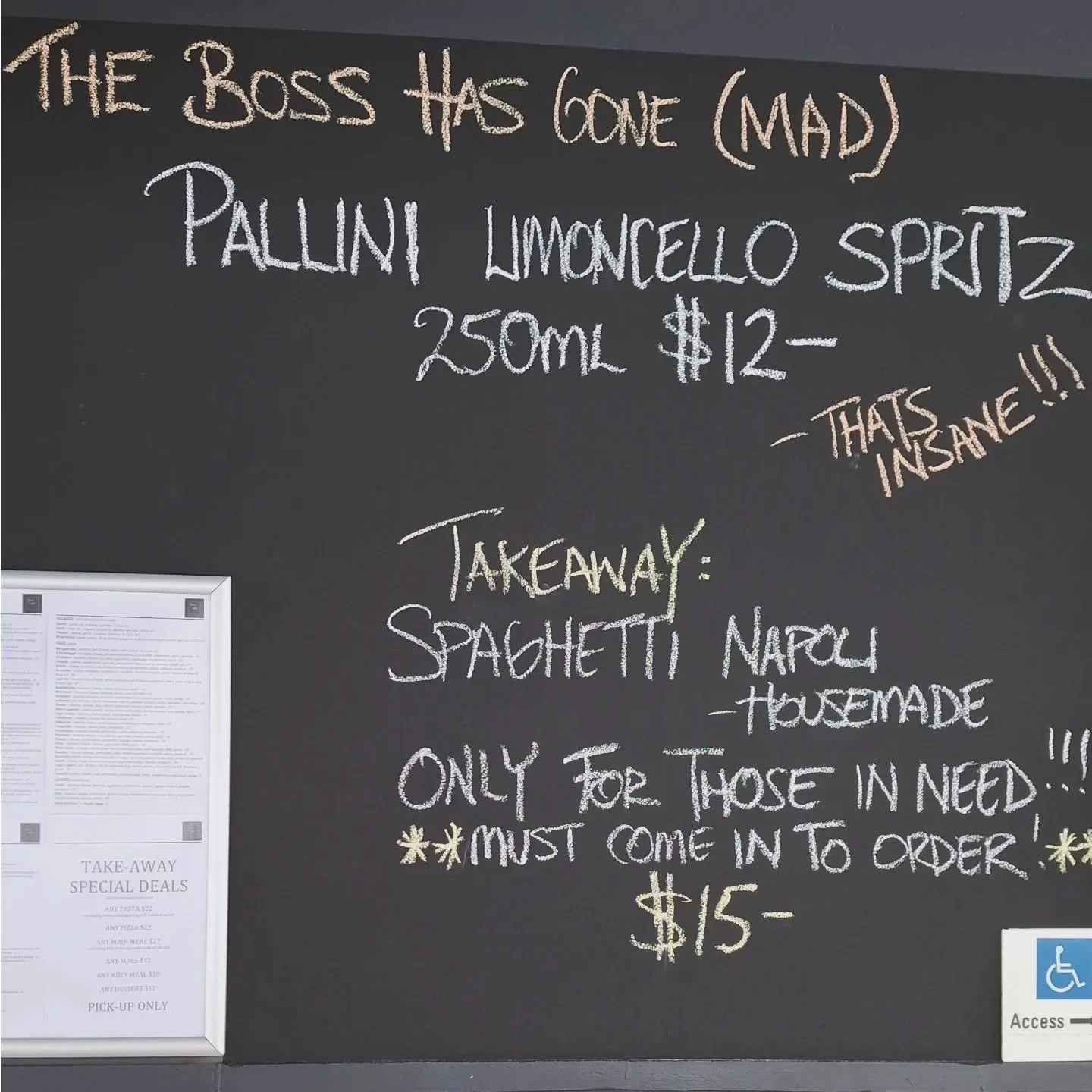 The boss has gone mad! 

Cost of living through the roof? We&rsquo;ve got you 🍝

While everything else keeps going up, Michael&rsquo;s keeping things affordable at Flour &amp; Salt.

🍝 Takeaway Spaghetti Napoli &mdash; $15
🍋 Pallini Limoncello Spr