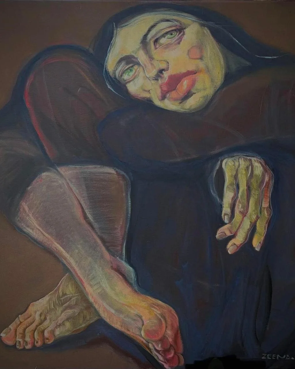 Look at the hands.

Sileem enlarges them past anatomy : knuckles, nail beds, the tendons across the back of a hand rendered with more attention than the face above them. In these paintings the hands are where the feeling goes when the expression stay