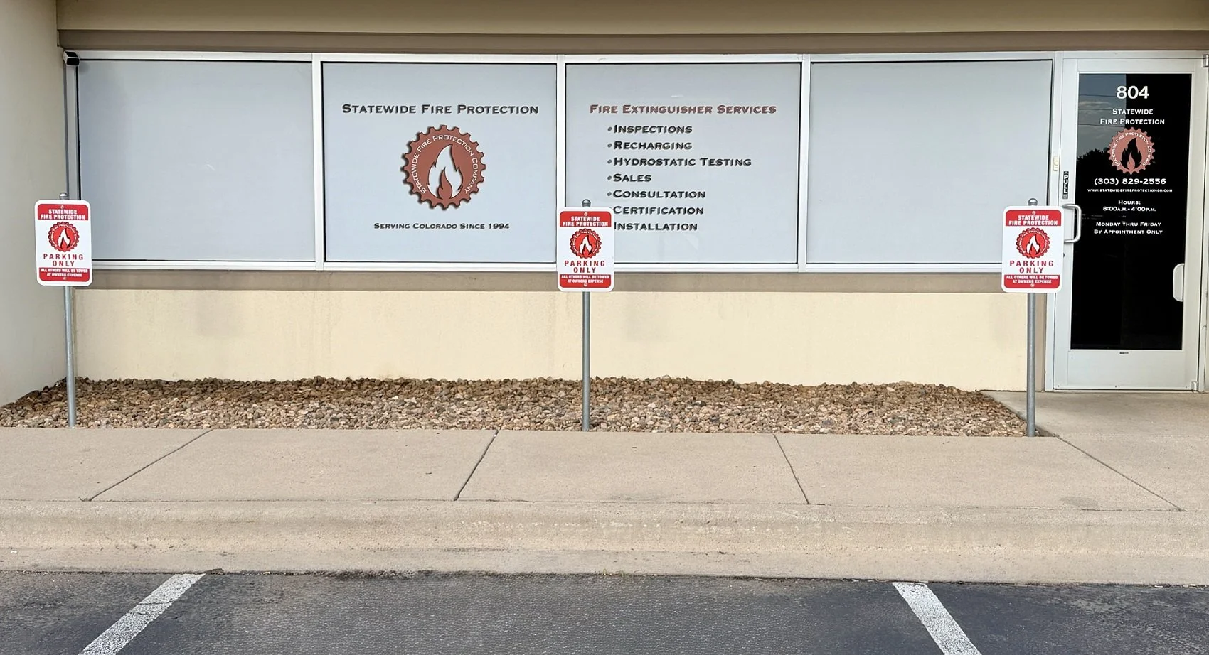 Storefront of Statewide Fire Protection. Fire extinguisher service company in Denver, Colorado.