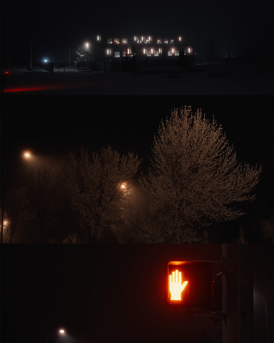 Nighttime collage of three scenes: a lit building at night, foggy street with trees and streetlights, and a traffic light with a hand signal illuminated.