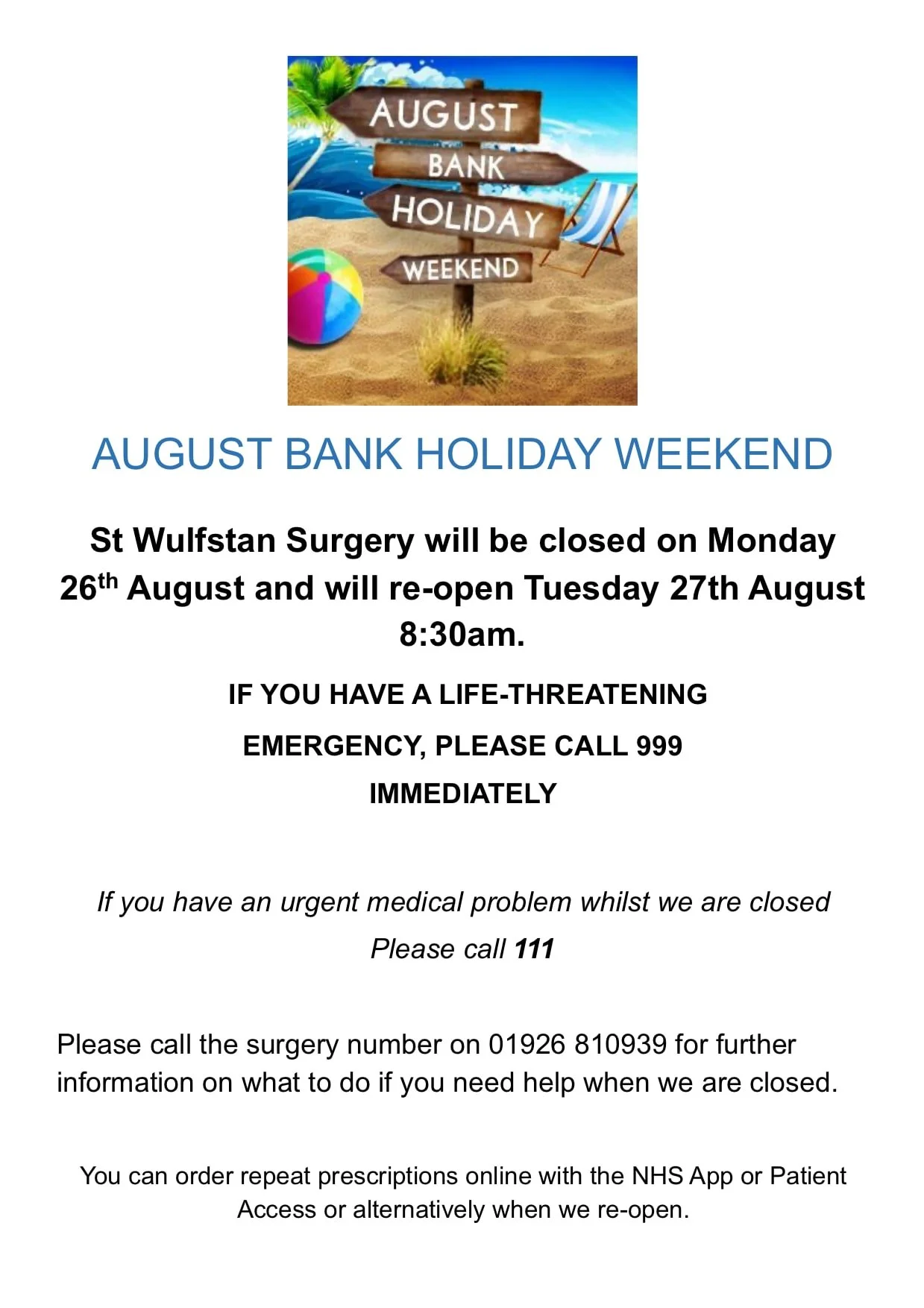 August Bank Holiday Weekend Closure — St Wulfstan Southam Surgery CQC ...