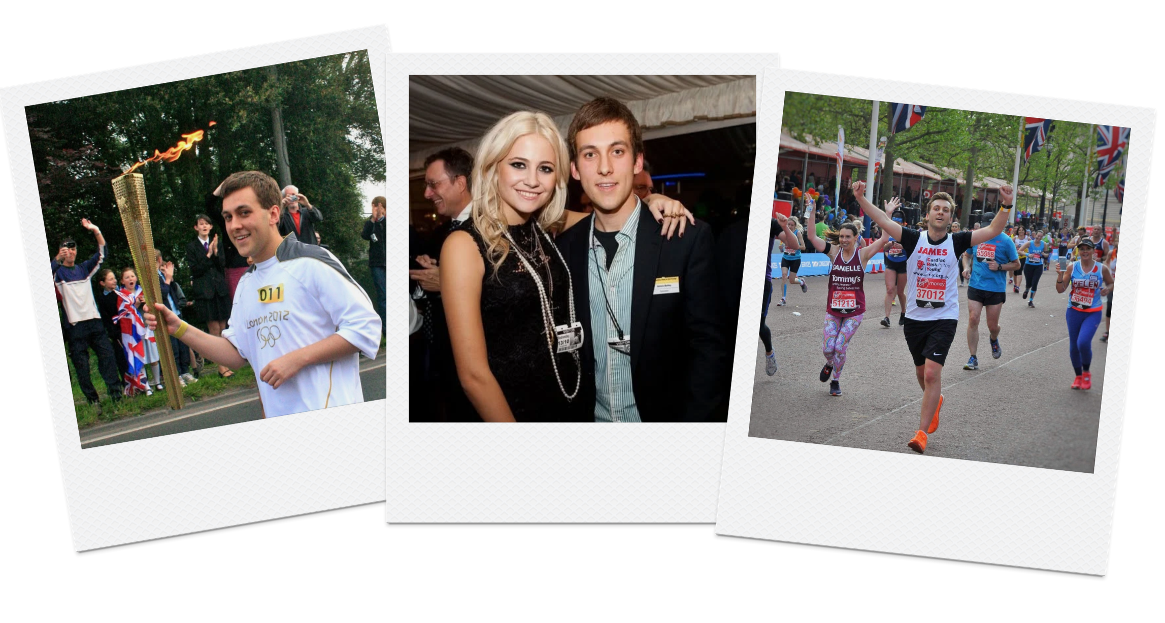 Three overlapping photos: a man holding a flaming torch at a park, a young couple dressed formally at an indoor event, and a group of marathon runners crossing the finish line with arms raised.