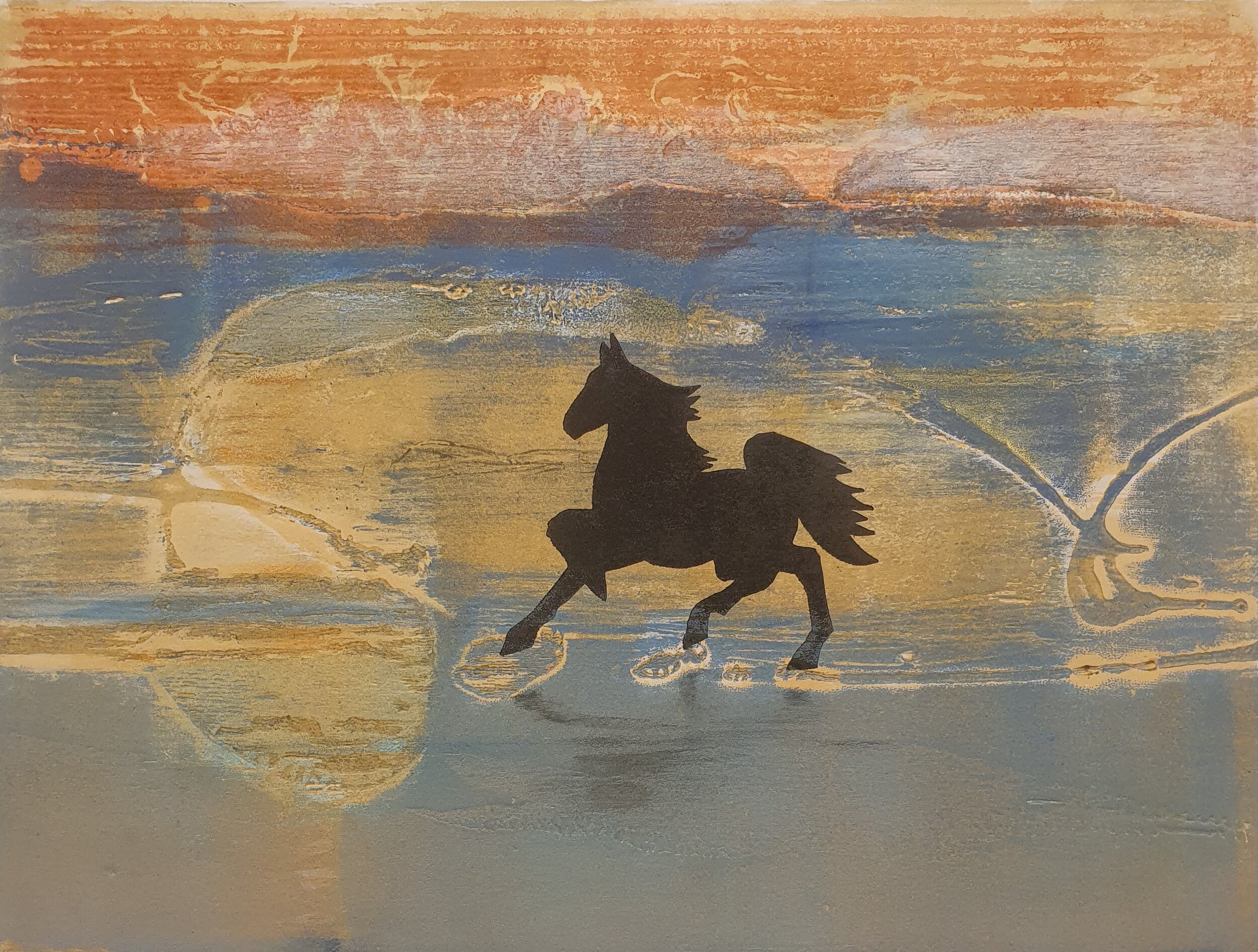 "Sort hest i rød høst". 48.5 x 36.5 cm. Elementtrykk / særtrykk. Også tilgjengelig som digitaltrykk.