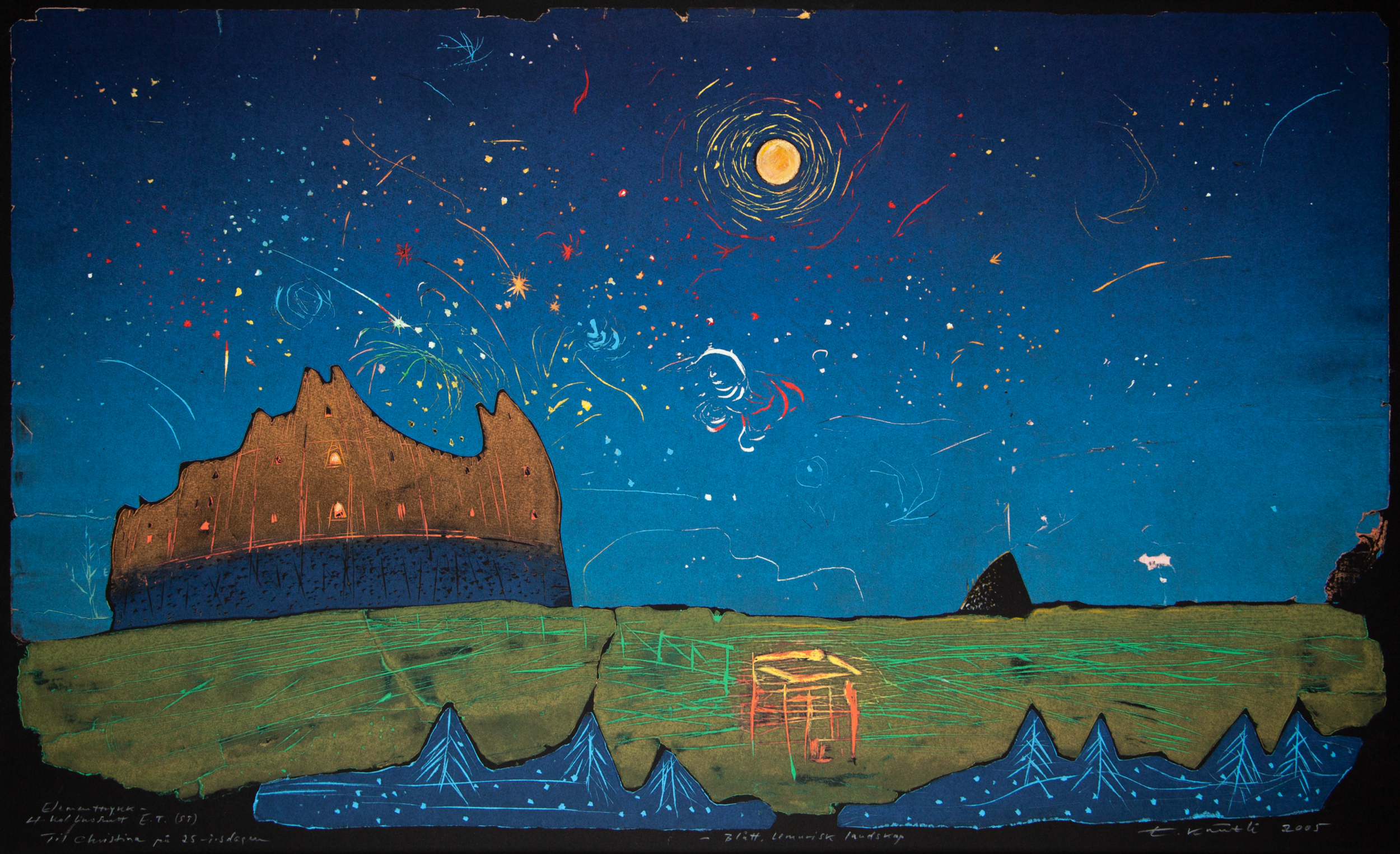 "Blått lemurisk landskap". Linosnitt/elementtrykk. 96x57. Utsolgt