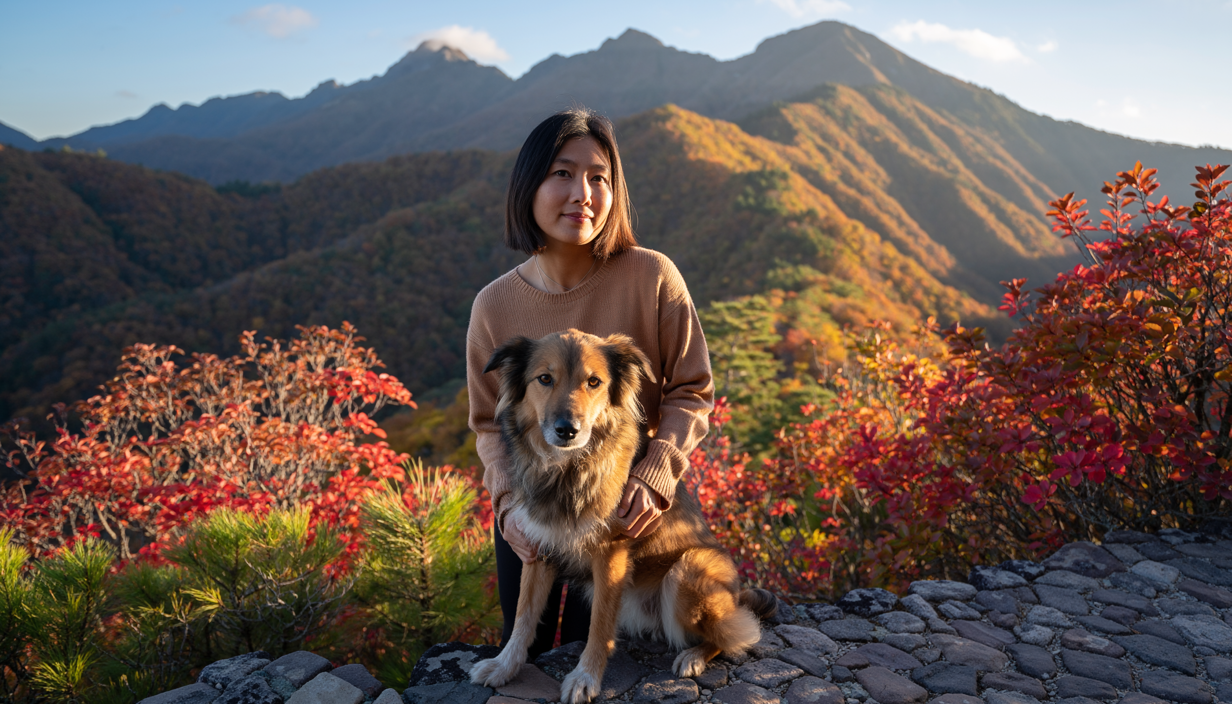 Firefly_woman and dog in the mountains with fall leaves 979024.png