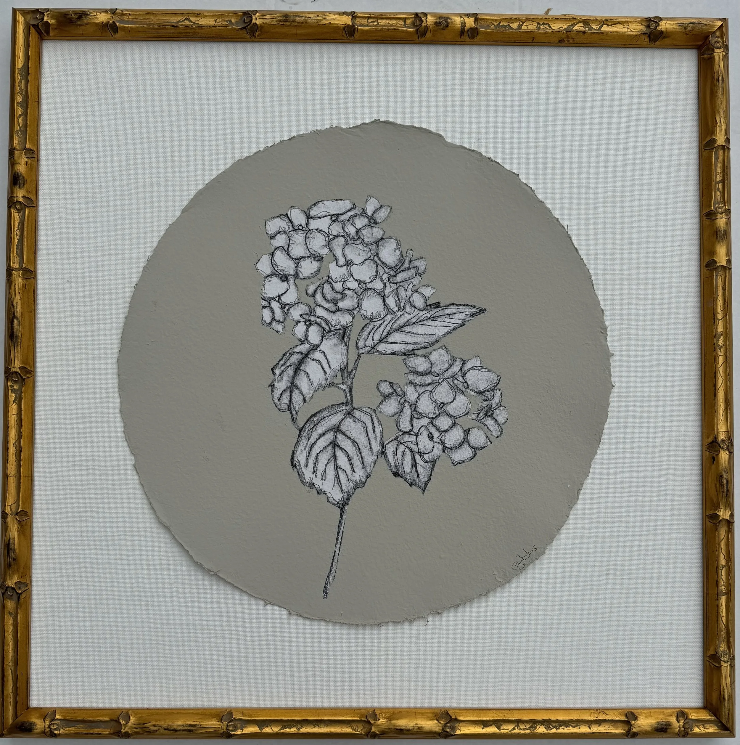 Hydrangea in Gold Bamboo Frame // 23 x 23