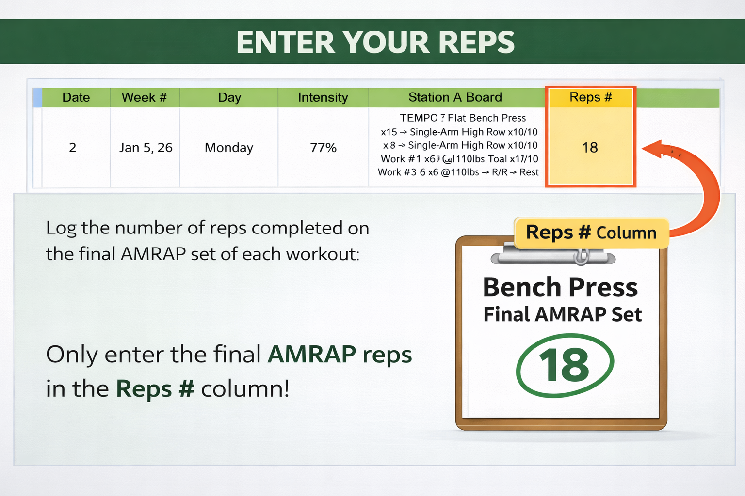Step 4: Log your AMRAP reps in the Program sheet