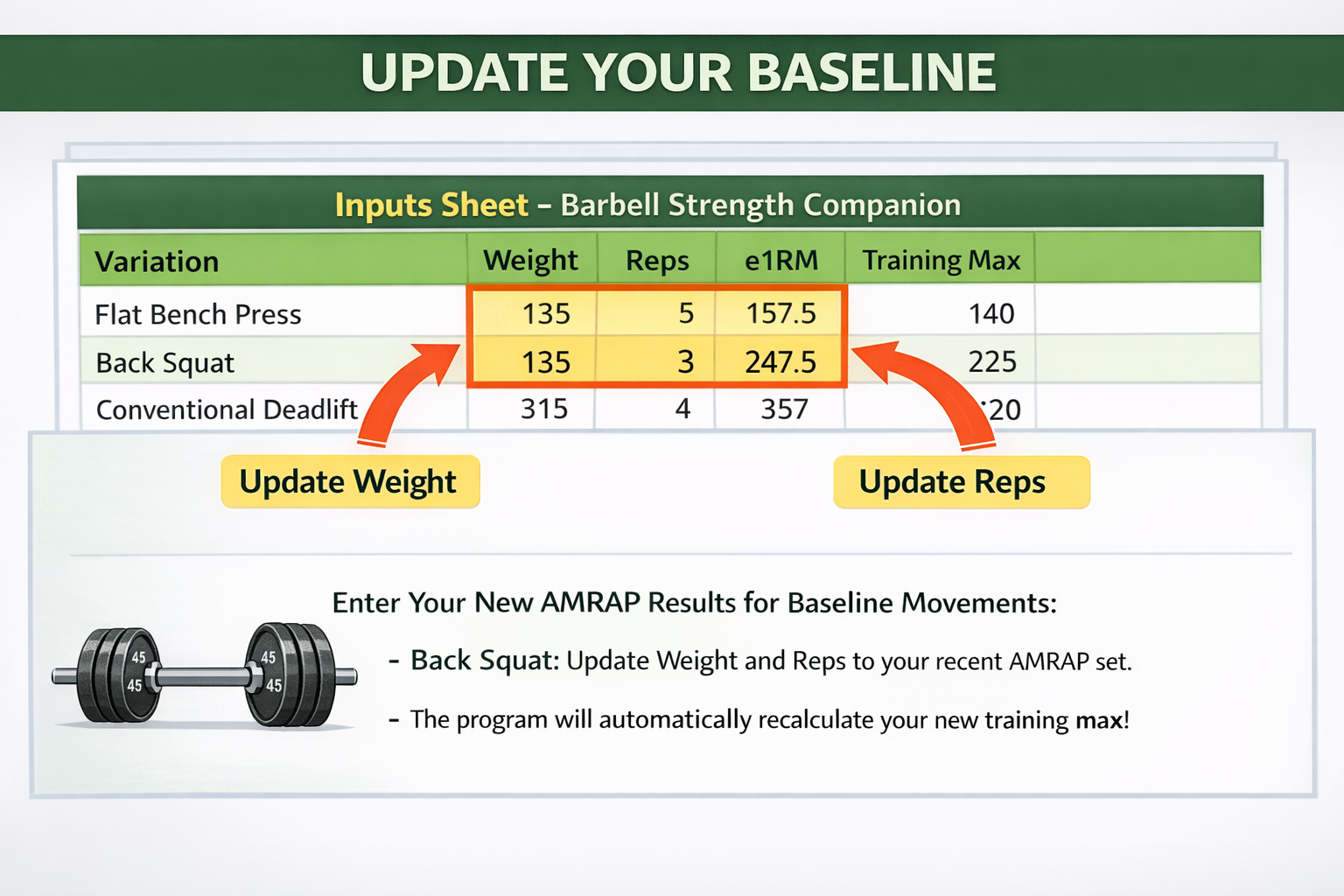 Step 6: Update your weight and reps on the Inputs sheet